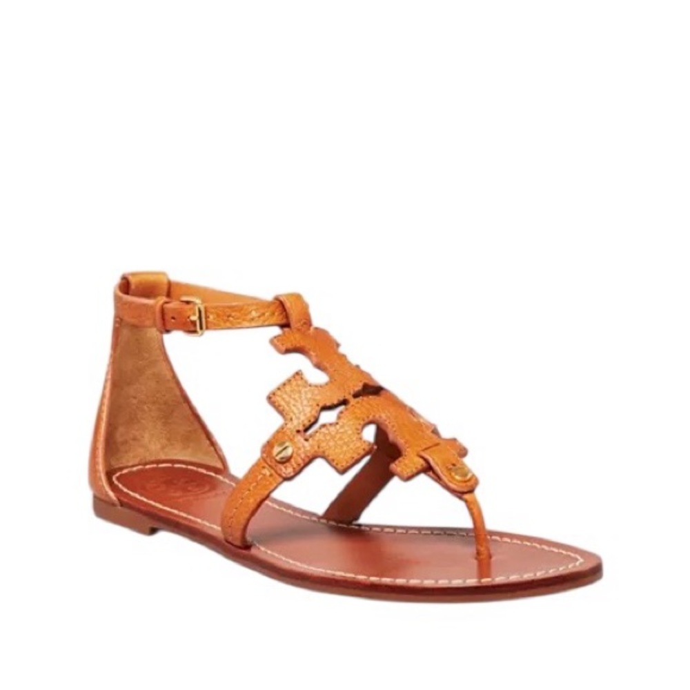Tory Burch Phoebe flat thong sandals in a royal tan brown leather. Size 9.5